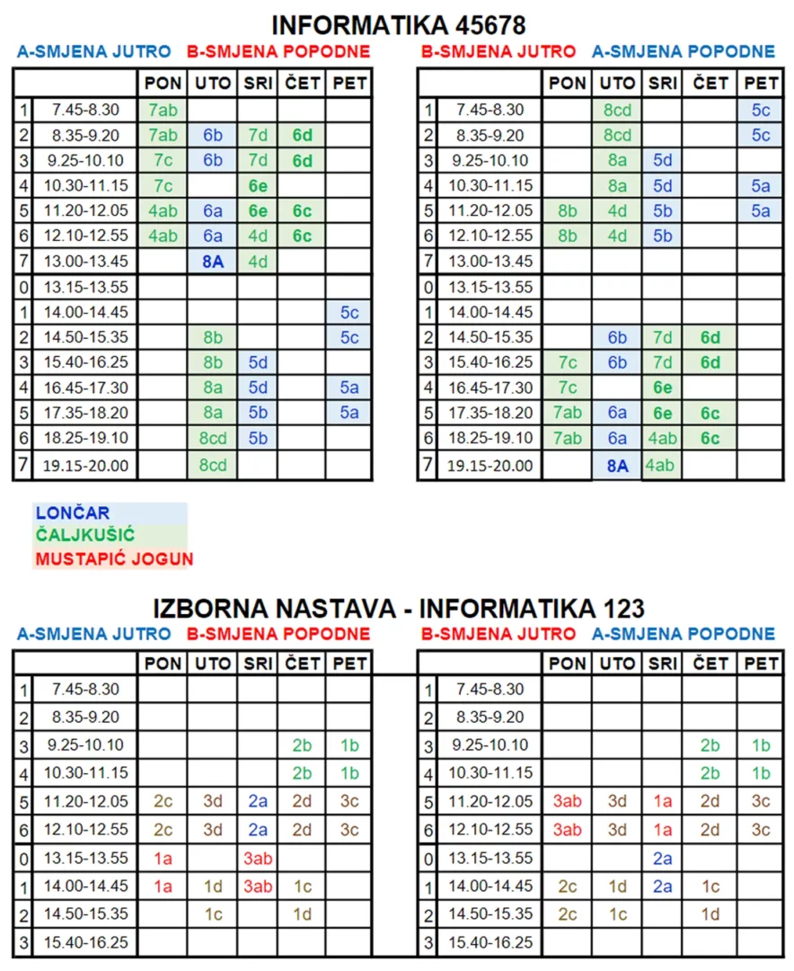 raspored sati izborna nastava