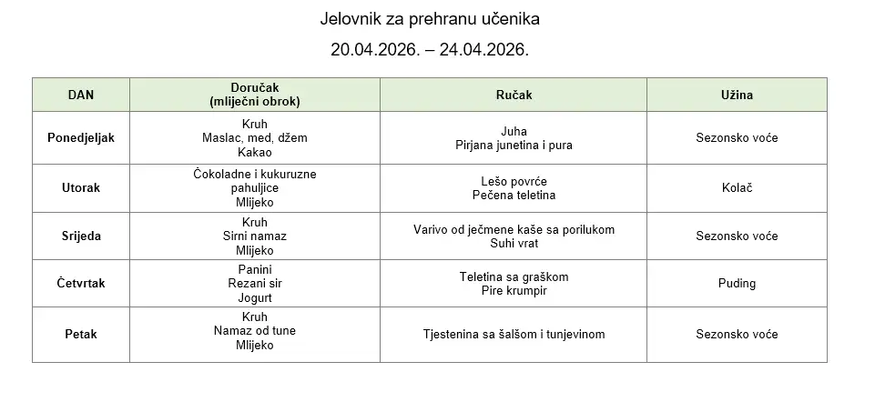 Jelovnik 20.04. - 24.04.2026.