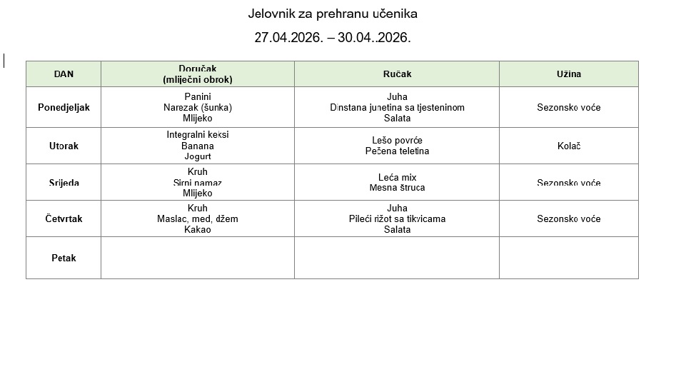 Jelovnik 27.04. - 30.04.2026.