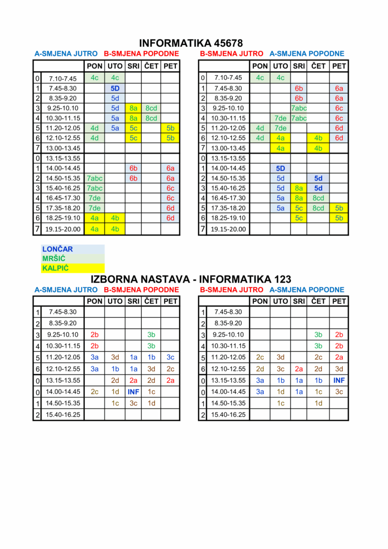raspored sati izborna nastava
